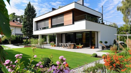Contemporary design home with modern architecture. Beautiful two-story house with lush garden and patio area. Ideal for residential purposes. Elegant and stylish home exterior. AI