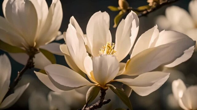 Illuminated Night Bloom of White Magnolias
