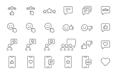 Set of feedback icons, research, comment, review, customer, survey, social media. Vector illustration.