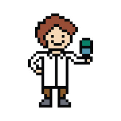 Cute pixel cartoon 8bit character doctor or scientist game care vector for decoration pharmacist doctor in hospital 8 bit male pixel art vector.