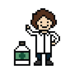 Cute pixel cartoon 8bit character doctor or scientist game care vector for decoration pharmacist doctor in hospital 8 bit male pixel art vector.