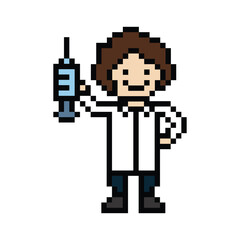 Fototapeta premium Cute pixel cartoon 8bit character doctor or scientist game care vector for decoration pharmacist doctor in hospital 8 bit male pixel art vector.