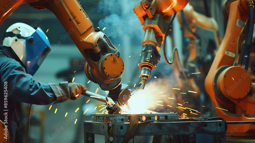 Fototapete Engineer team service robot welding working in automation factory People worker in safety suit work robotic arm software programming or replacing part in automated manufacturing indust : Generative AI