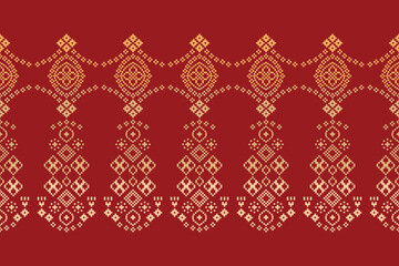 Traditional ethnic motifs ikat geometric fabric pattern cross stitch.Ikat embroidery Ethnic oriental Pixel red background. Abstract,vector,illustration. Texture,christmas,decoration,wallpaper.