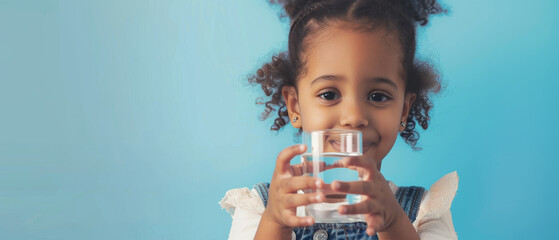 A smiling child holds a glass of water against a bright blue background, exuding joy and purity in an innocent and refreshing moment.