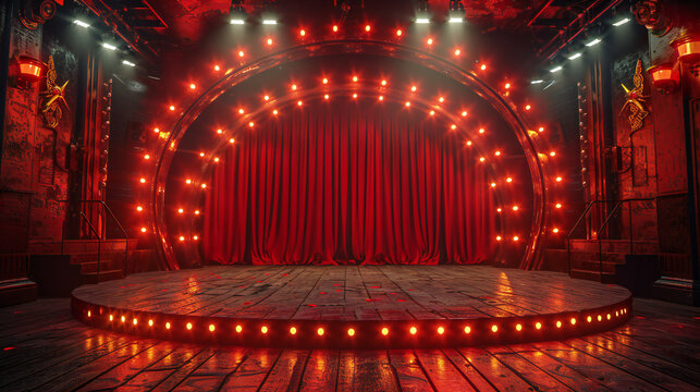 Circus stage podium background 3D carnival light red show curtain. Circus platform stage podium tent theater arena sign vintage spotlight circle stand bulb ringmaster ring cirque cartoon party cinema.