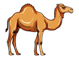 A cartoon camel with a single hump, standing on a white background.  The camel is looking to the right and smiling.