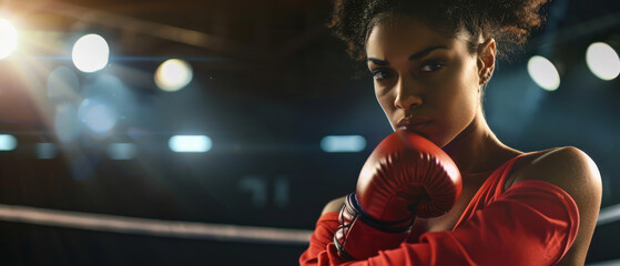 A determined female boxer, wearing red boxing gloves, stands focused in a dimly lit boxing ring, ready for action.