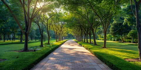 Tranquil Tree-Lined Pathway Perfect for Walking, Running, or Cycling in a Park. Concept Nature Walk, Outdoor Exercise, Serene Pathways, Active Lifestyle, Green Spaces