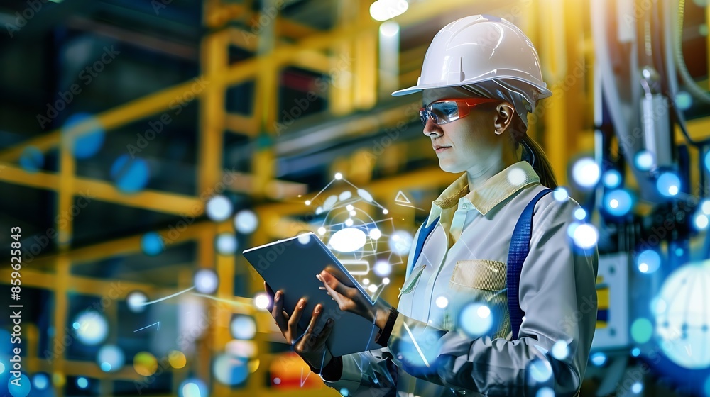 Aufkleber a woman engineer is wearing a protective helmet on her head using tablet Analytics engineering data : Generative AI