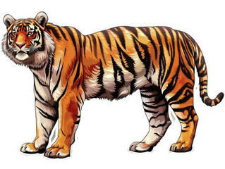 Obraz premium A majestic tiger stands with its stripes clearly visible against a white background. The tiger has a serious expression.