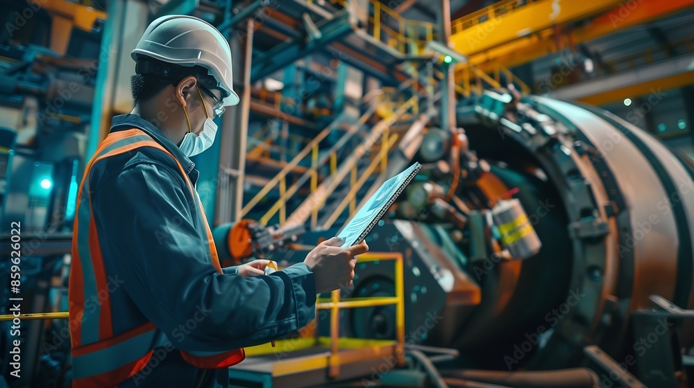 Poster professional quality control inspector conduct safety inspection on steel machinery and manufacturin