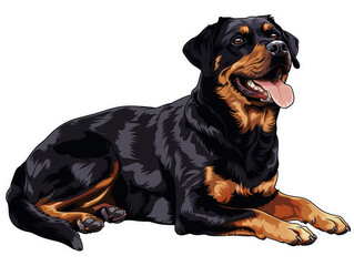 Obraz premium A friendly Rottweiler dog sitting with its tongue out, looking to the side.