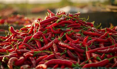 Fototapeta premium Closeup Of Red Chili Peppers Drying In The Sun