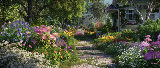 A charming, sunlit garden path surrounded by vibrant flowers and lush greenery, leading to a cozy house nestled amidst the landscape.