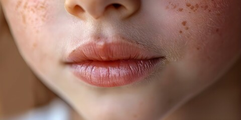 Fototapeta premium Closeup of Child's Chapped Lips Allergic Reaction on Sensitive Skin. Concept Childcare, Skin Allergies, Closeup Photography, Healthcare, Sensitive Skin