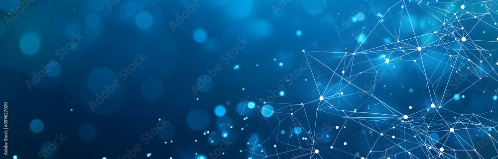 Poster blue background with white lines and dots forming the shape of an internet network, representing glo