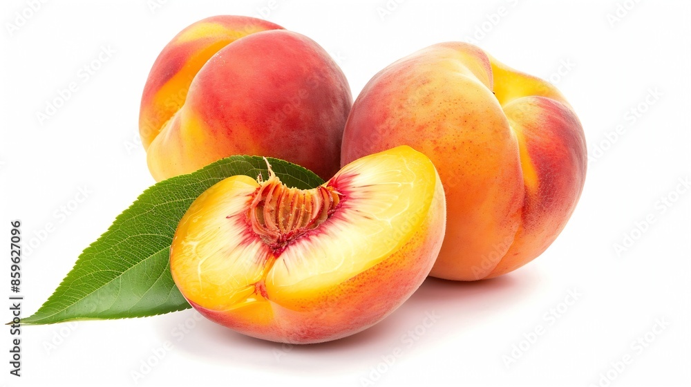 Poster Peach isolated Whole peach with a slice on white background Peach fruit with leaf and cut pieces Full depth of field : Generative AI