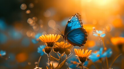 Bright blue Morpho butterfly on a flower against a sunrise