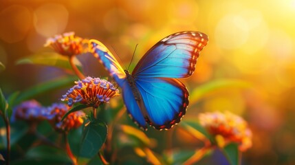Bright blue Morpho butterfly on a flower against a sunrise