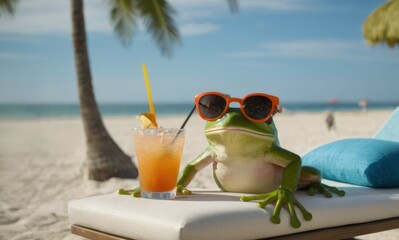 Obraz premium Frog with a cocktail at the beach, lounging in sunglasses and enjoying summer vibes. Palm trees and ocean in the background. Great for vacation and holiday themes. Perfect for promoting tropical getaw