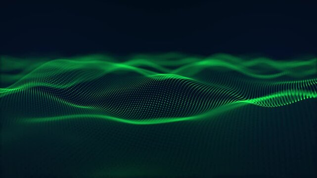 Looped background with green particle waves smoothly floating on a dark blue background with soft glow effect. Elegant waveform animation for technology and computer science. Seamless vj loop 4k 60fps