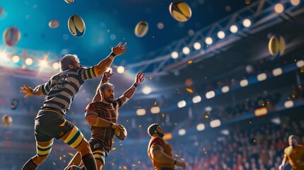 Professional sport Men rugby players during game catching ball at 3D open air stadium Blurred audience on background Emotions Concept of match sport competition action and motion game : Generative AI