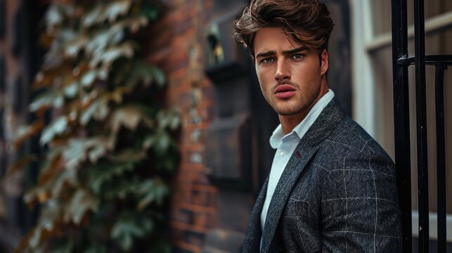 Stunning gorgeous male model wearing a suit, bad boy vibes, detailed photography