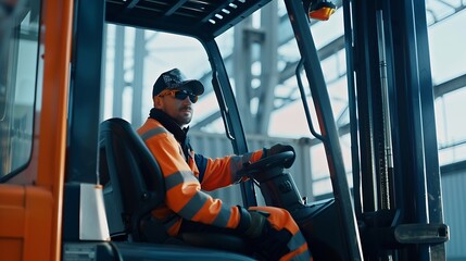 Naklejka premium Man worker at forklift driver happy working in industry factory logistic ship Man forklift driver in warehouse area The forklift driver sitting in a vehicle in the warehouse : Generative AI