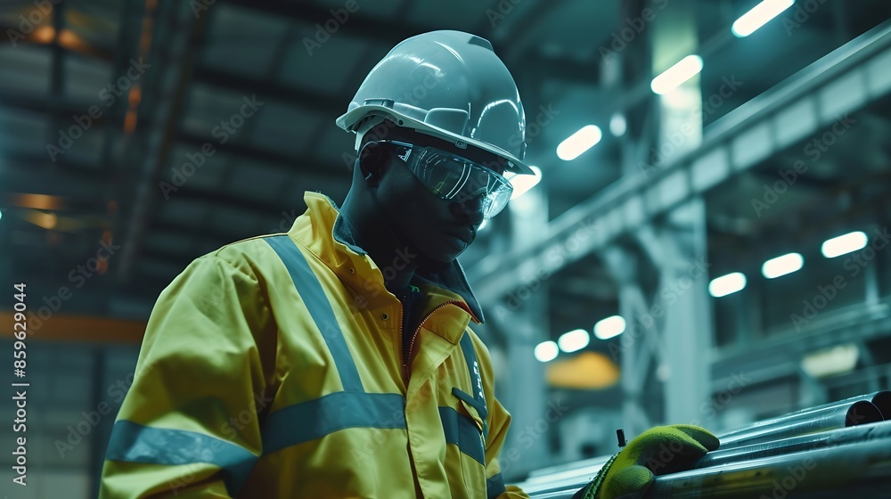 Poster engineer project manager and worker labor ware reflective suit and safety helmet working in metal sh