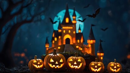 Halloween background with castle and pumpkin.