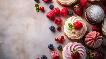  Dessert background with cakes and pastries, top view.