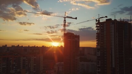 Fototapeta premium Sunset at the construction site Aerial view Black silhouettes of residential buildings with tall cranes on the territory on a background of blue cloudy dramatic sky buildings on the ho : Generative AI