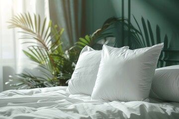 White Pillows on a Bed With a Plant