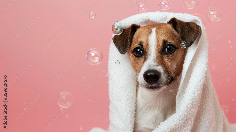 Poster Dog wrapped in a towel with bubbles on pink background