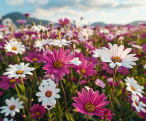 Obraz premium Purple and White Wildflowers in a Field