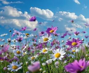 White and Purple Flowers in a Spring Meadow