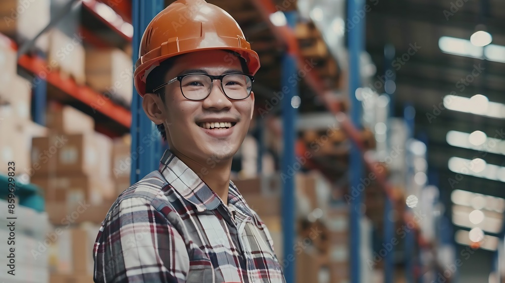 Poster Portrait of smiling asian engineer foreman in helmets man order details checking goods and supplies on shelves with goods background in warehouselogistic and business export : Generative AI