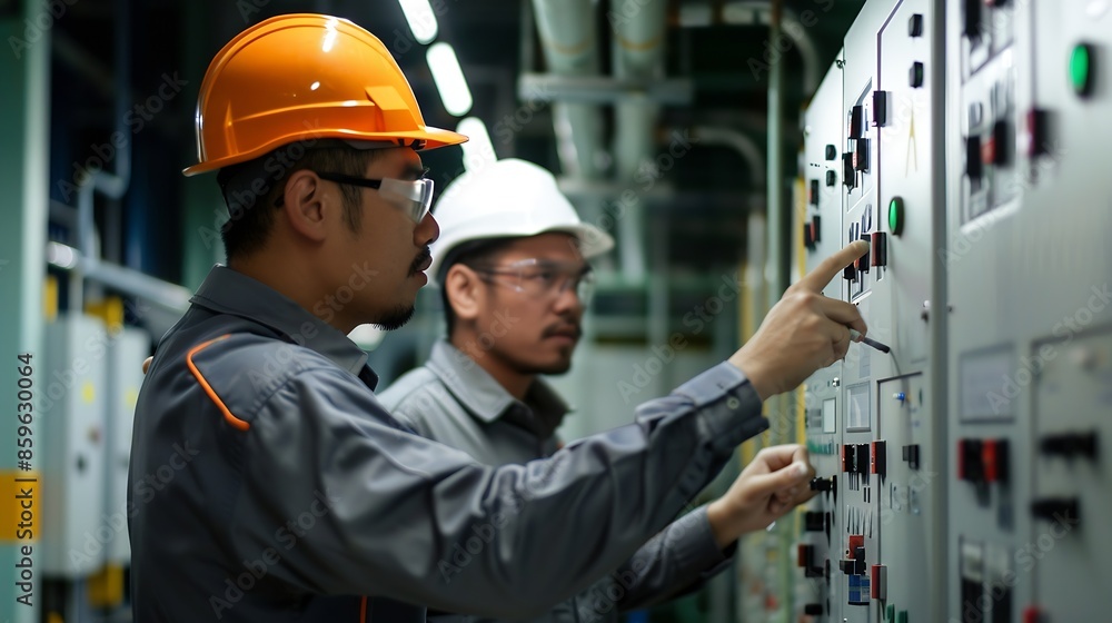 Leinwandbilder technician engineer and mentor checking process on control panel mechanical engineering team production Industry manufacturing men engineer worker training industry factory worker trai : Generative AI