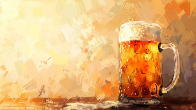 Horizontal banner. International Beer Day. A mug of cold light beer with foam on a yellow background. Bokeh effect. Free space for text, copy space