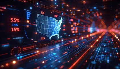 Speed of Tomorrow: 5G Network Expansion Across the United States, map of the USA with speedometer icons overlaying cities and regions, 5G network deployment and high-speed data transfer capabilities.