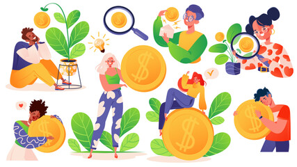 Bright vector illustration, ready-to-use composition set, easy to add and change for your designs.Topic of finance, profit, investing your money, successful investment. Metaphor, characters grow money