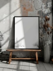 Framed Artwork on Rustic Bench