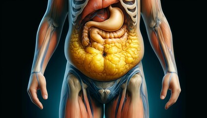 Abdominal Fat Distribution in Human Body - Medical Illustration. Detailed medical illustration highlighting fat distribution in the abdominal region. Visible yellow fat deposits around  the stomach.