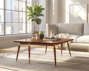 Fototapeta premium Elegant Mid Century Modern Walnut Coffee Table in Sun Drenched Living Space