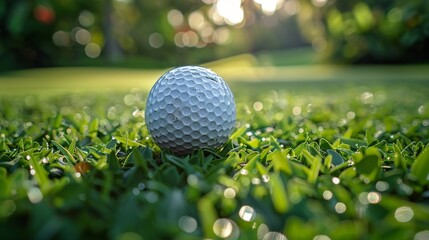 A close-up image of a golf ball resting on lush green grass, capturing the texture and details of the ball and the vibrant, well-maintained field under a sunny sky.