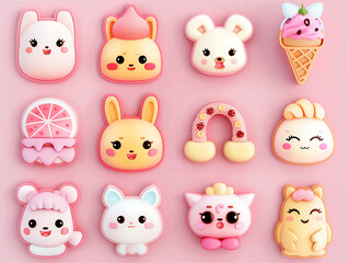 An endearing image of cute kawaii character icons, featuring a variety of colorful and joyful designs that exude happiness and playful innocence.