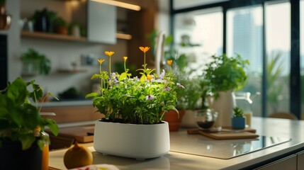 modern kitchen garden with fresh vibrant flowers and plants in a stylish indoor setting