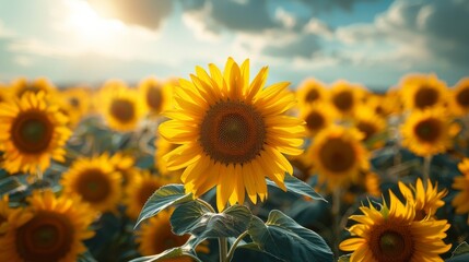 Fototapeta premium Field of blooming sunflowers at sunset, close-up view. Nature and agriculture concept