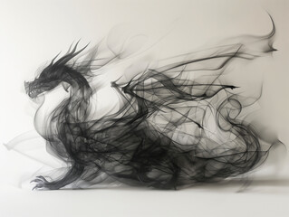 Fototapeta premium An abstract depiction of a dragon, created with smoky black lines blending into a white haze background, capturing a sense of mystical and mythical intrigue.